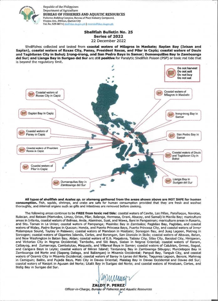 BFAR Region 3 Office announced that shellfish samples collected from the coastal waters of Bataan, Pampanga, Bulacan and Zambales are free from red tide