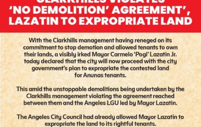 CLARKHILLS VIOLATES ‘NO DEMOLITION’ AGREEMENT’, LAZATIN TO EXPROPRIATE LAND